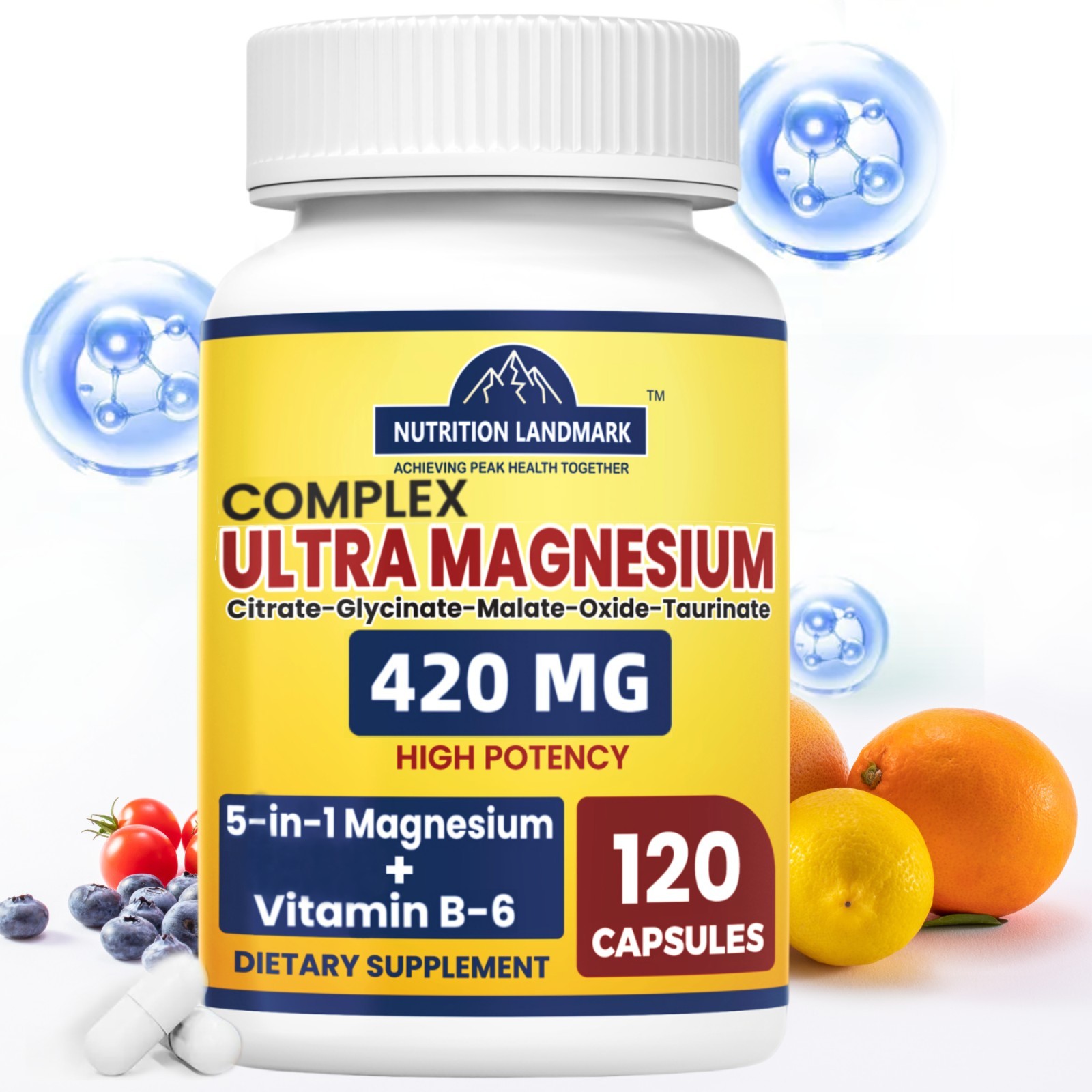 Magnesium Complex with Vitamin B6 Supplements,120 Capsules, 60 Day Supply