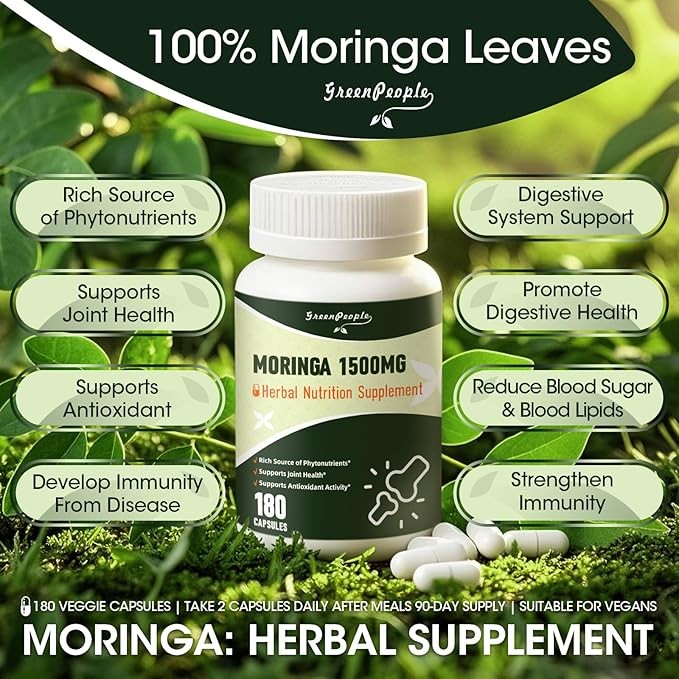 180 Capsules Moringa Oleifera Leaf Powder 1500mg – Organic Herbal Extract