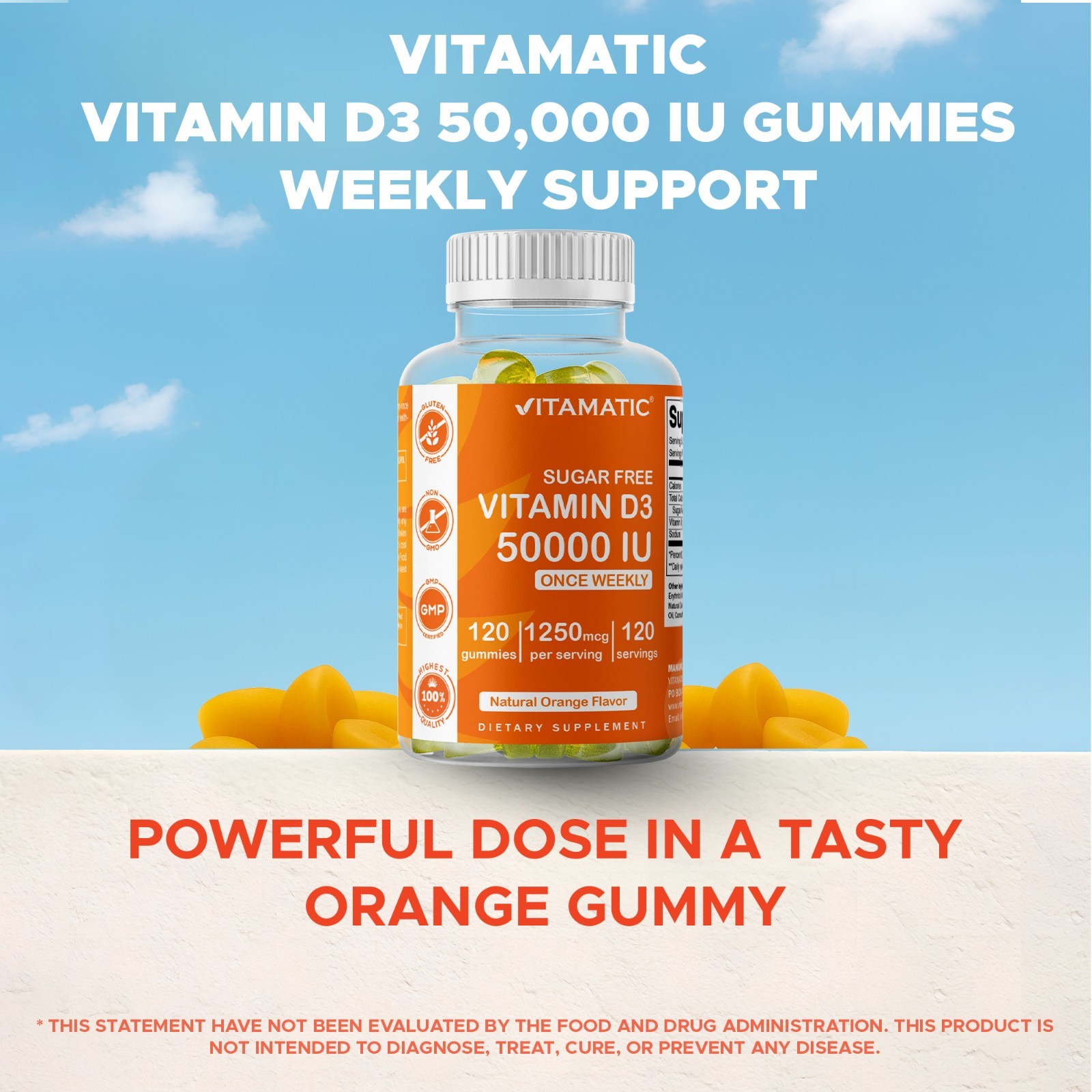 Vitamatic Sugar Free Vitamin D3 (50,000 IU) – 120 Pectin Based Gummies.