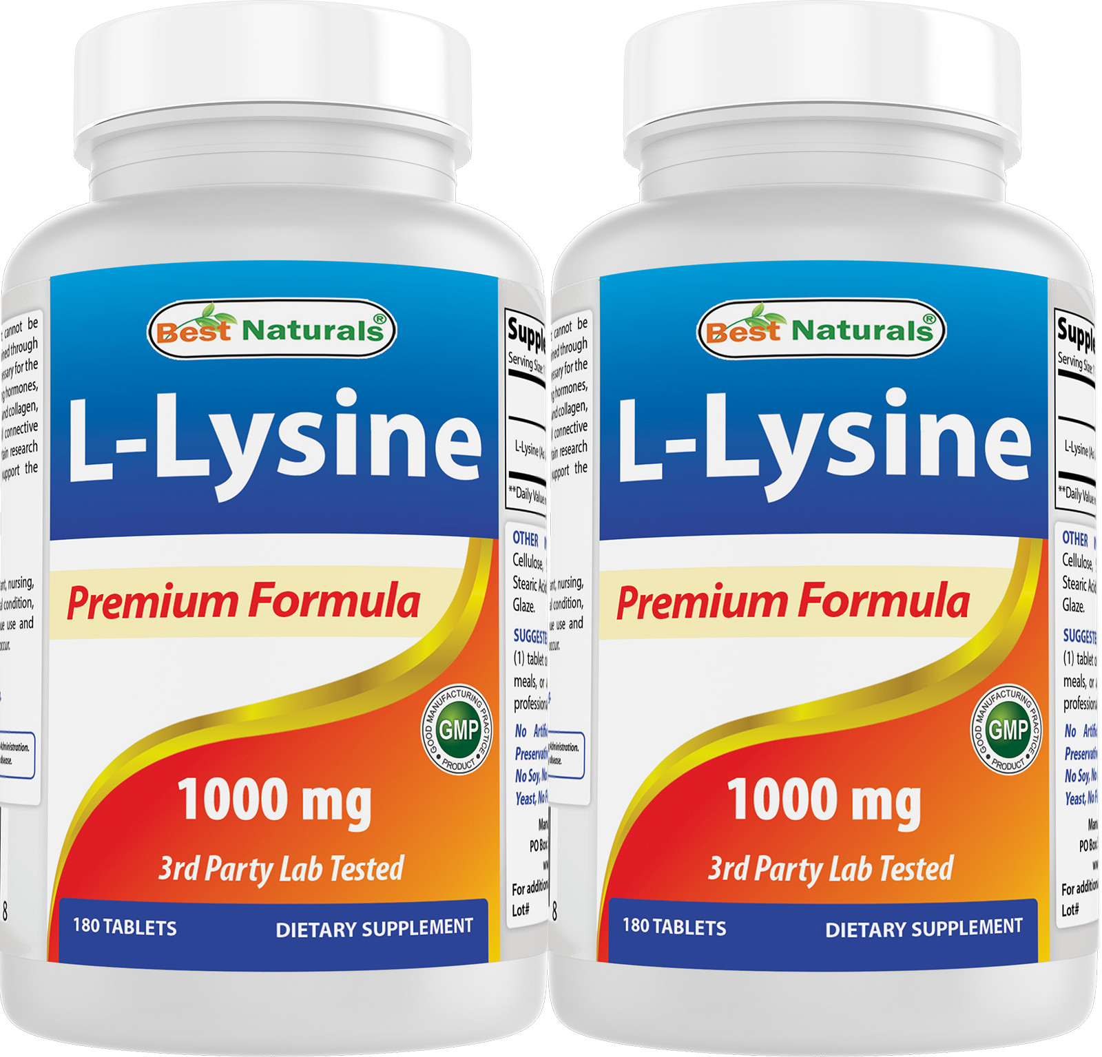2 Pack Best Naturals L-Lysine 1000 mg 180 Tablets