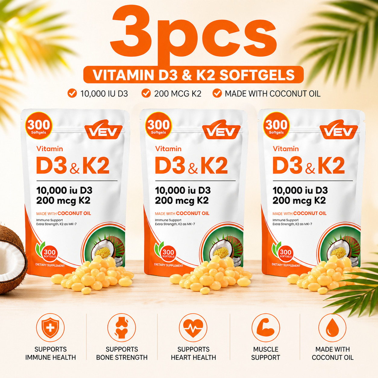 VEV Vitamin D3 + K2 Complex Virgin with Coconut Oil | Daily Immune & Bone Health