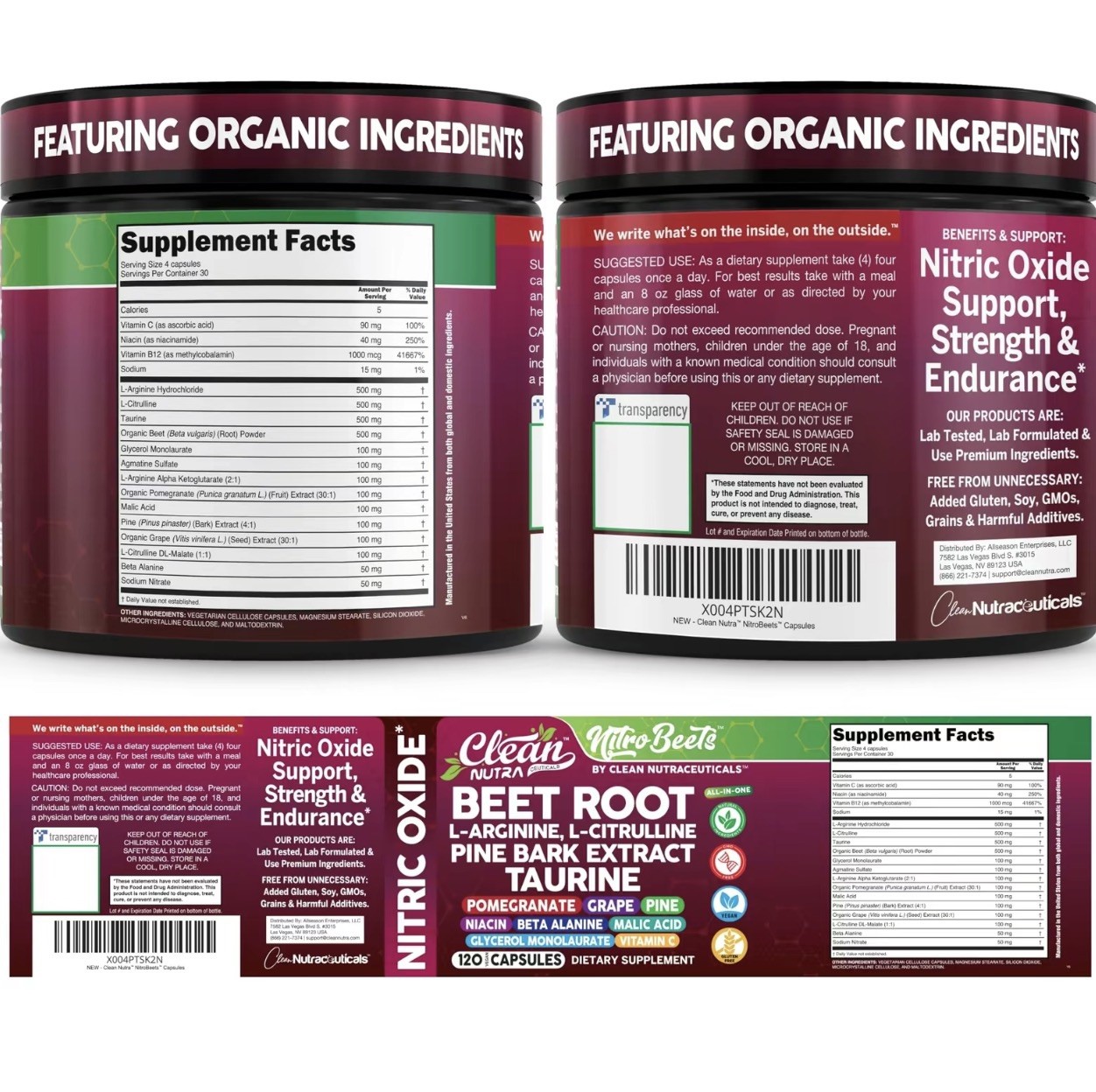 Clean Nutra Beet Root L Arginine Citrulline Nitric Oxide 120 Vegan Caps