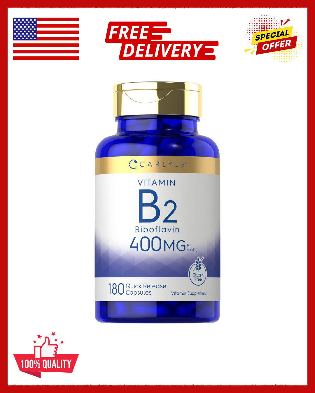 Carlyle Vitamin B-2 400mg 180 Count Non-GMO Gluten Free Supplement B2 Riboflavin