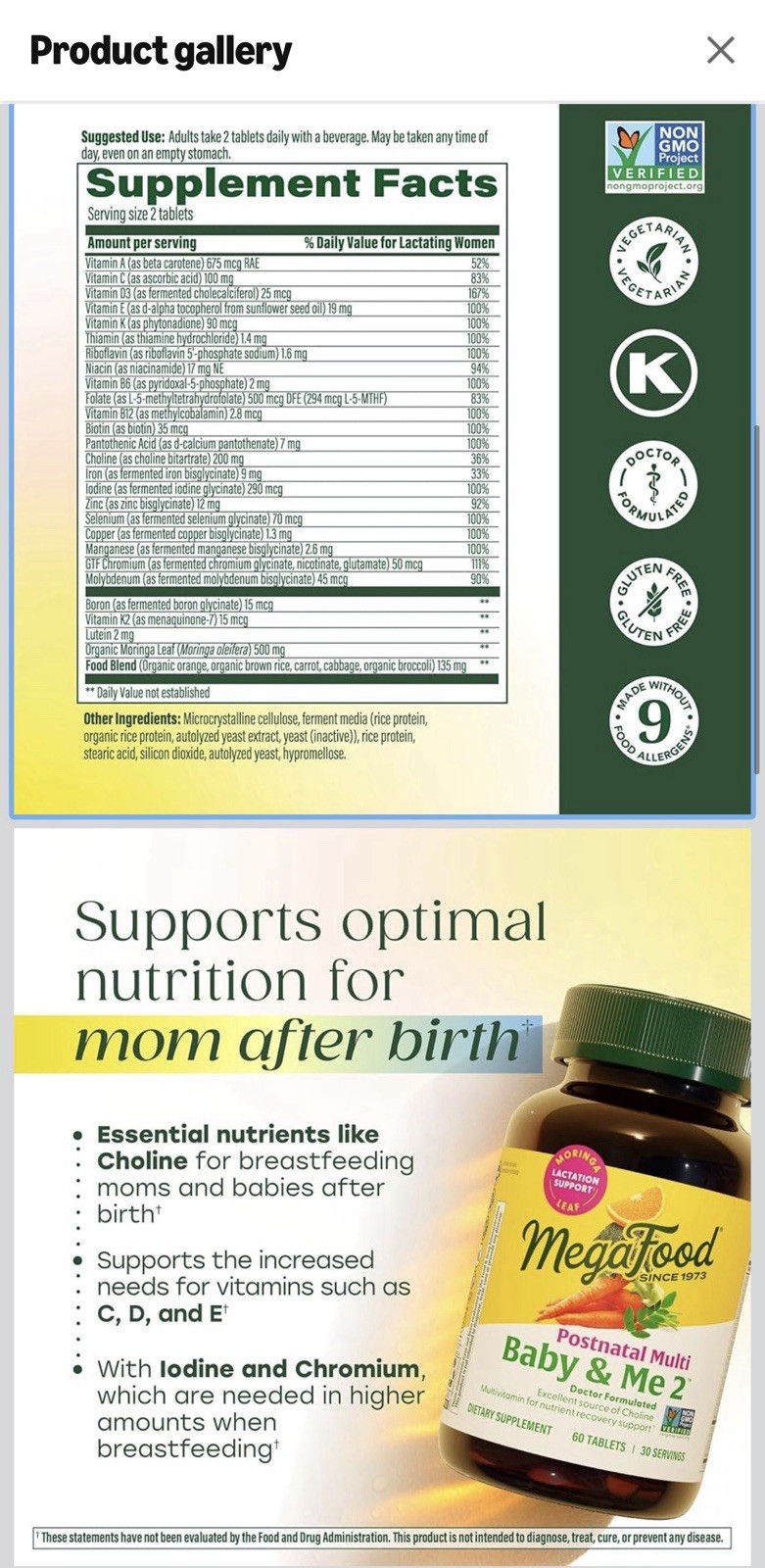 2X MEGA FOOD POSTNATAL MULTI BABY & ME 2 MULTIVITAMIN TABLETS 60ct EACH SEALED