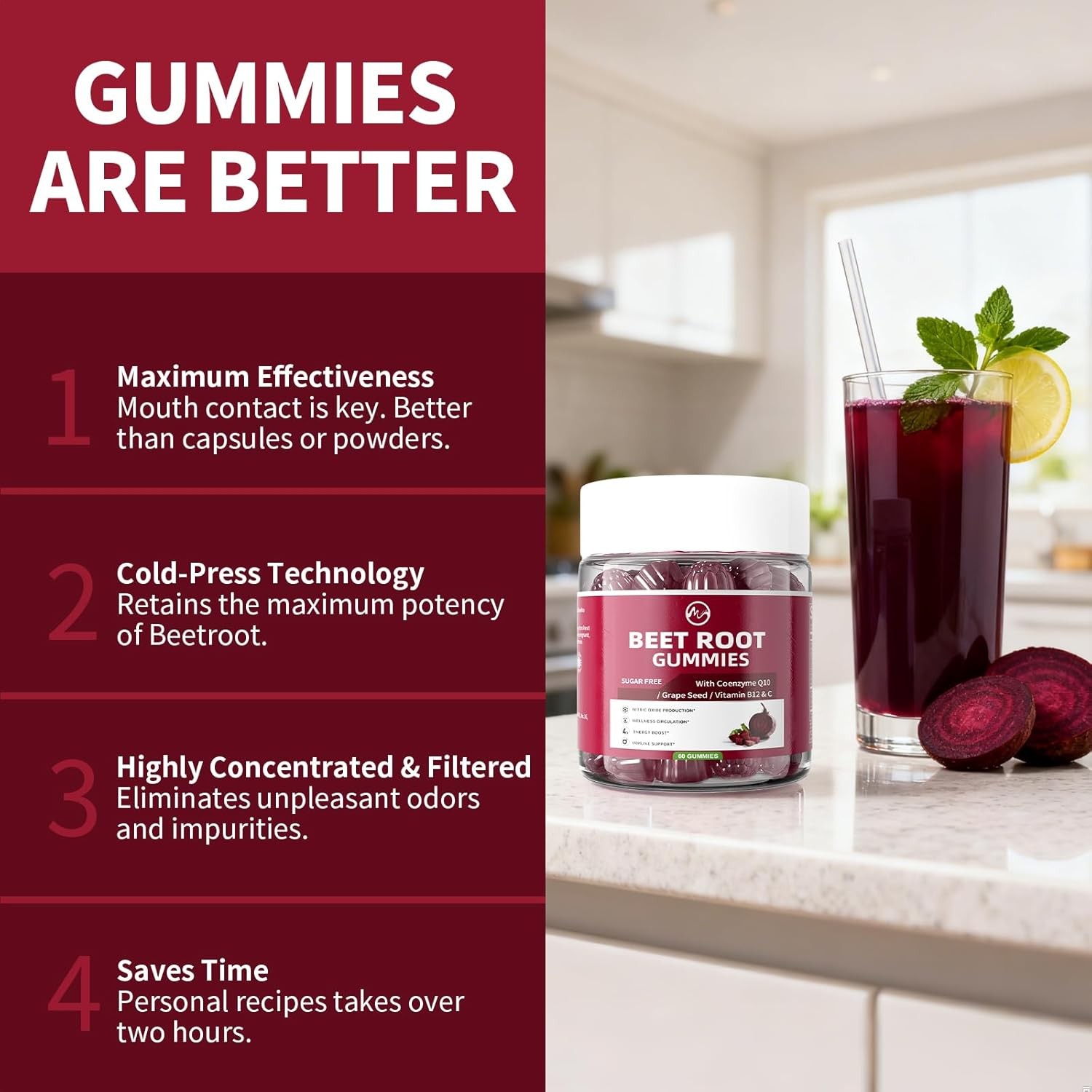M inch Beet Root Gummies, Blood* Pressure Support & Nitric Oxide Booster, 8-in-1