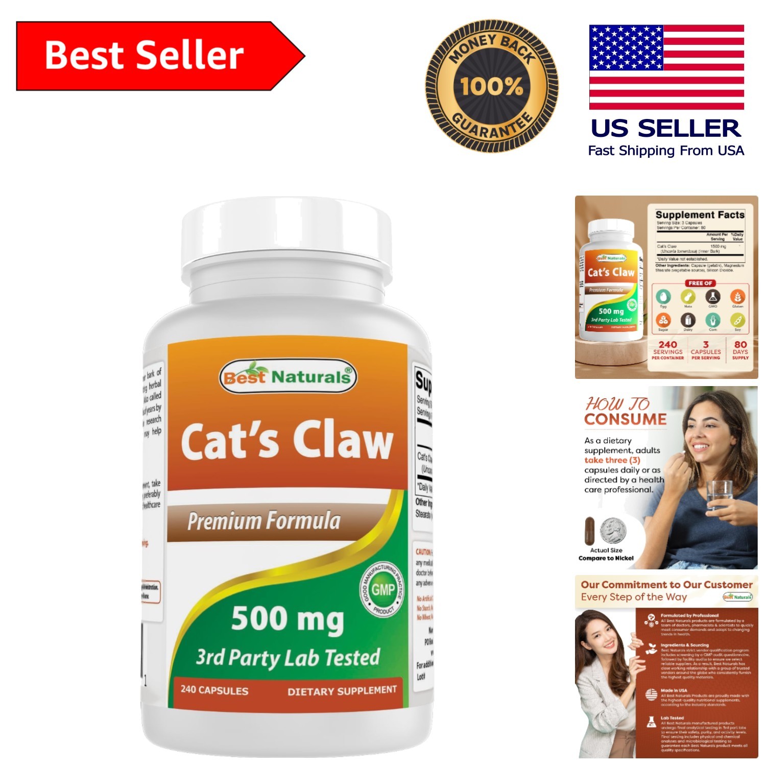 Cat’s Claw Detox Capsules 240 Count – GMP Certified, No Artificial Ingredients