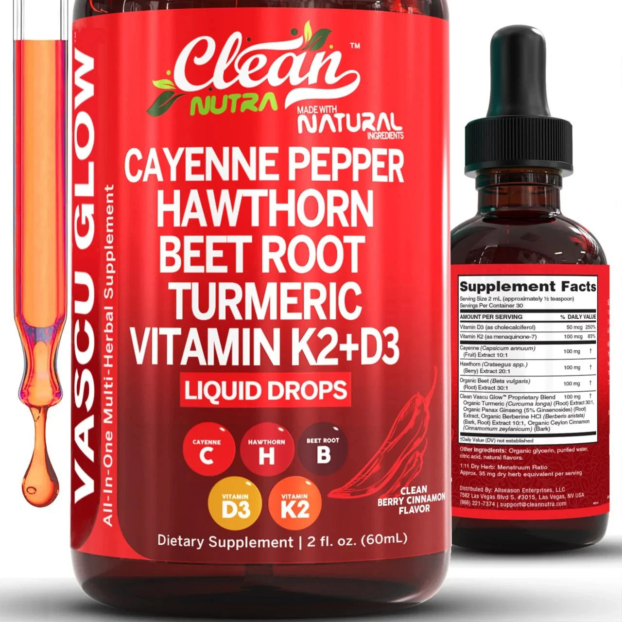 Cayenne Pepper Hawthorn Beet Root Turmeric Vitamin K2+D3 Liquid Drops 60ML