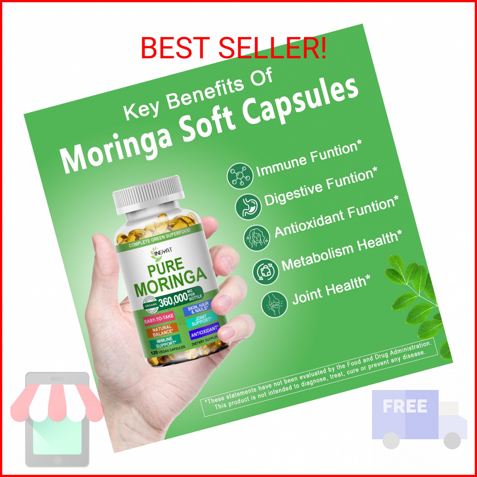 Moringa Softgels, Organic Pure Moringa Oleifera Leaves Extract for Energy, Skin,