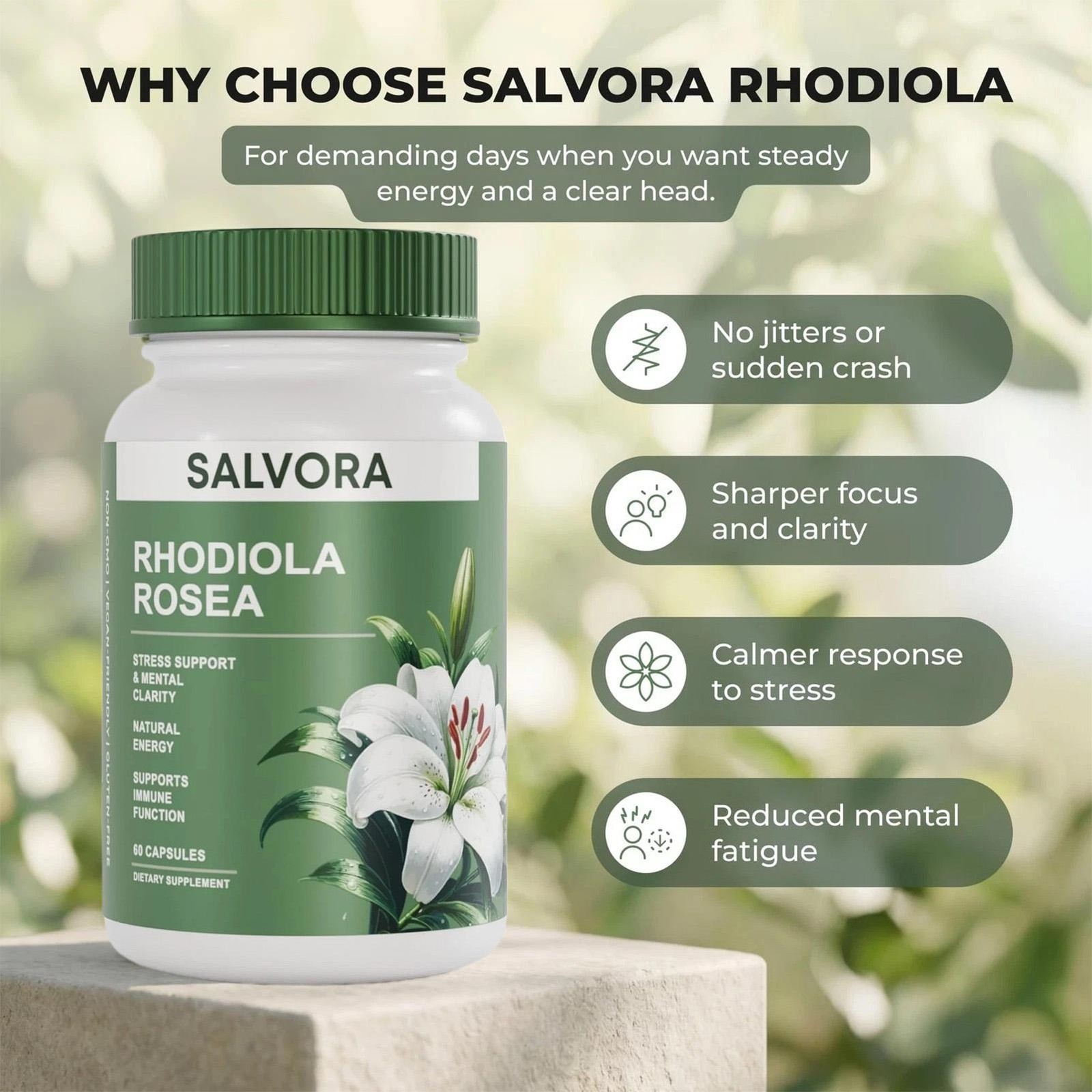 1 X Salvora Rhodiola Rosea Supplement Golden – Adaptogen Root Capsules -Rhodiola