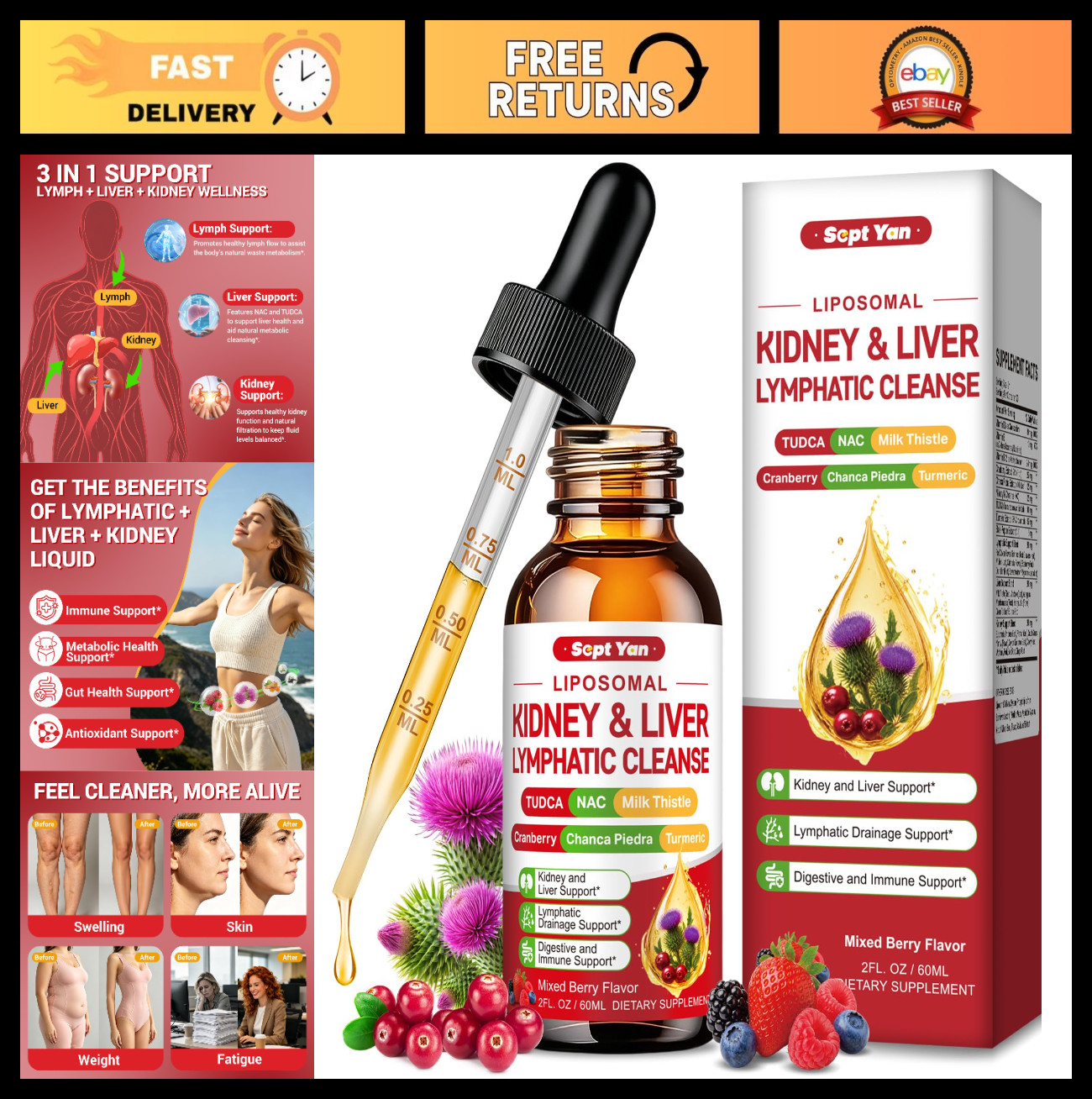 32-in-1 Detox Drops for Kidney, Liver & Lymph Cleanse with Cranberry & Milk This