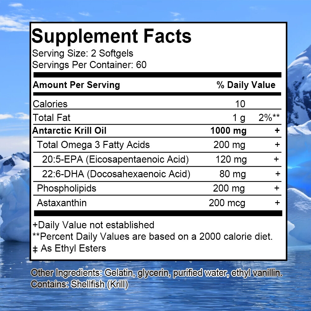 Antarctic Krill Oil 1000mg with Omega-3s EPA, DHA and Astaxanthin Healthy Lipid