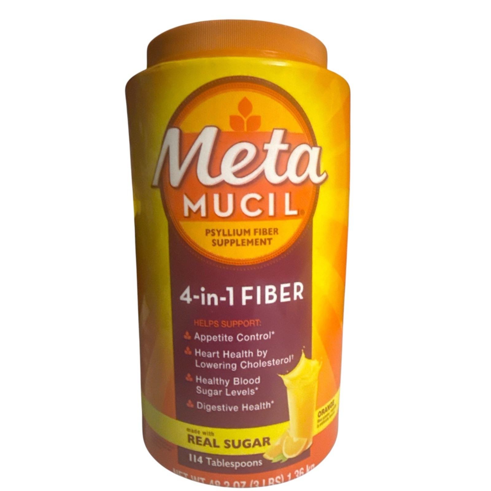 4-in-1 Psyllium Husk Fiber Supplement, Real Sugar, 114 tablespoons, Orange Fl…
