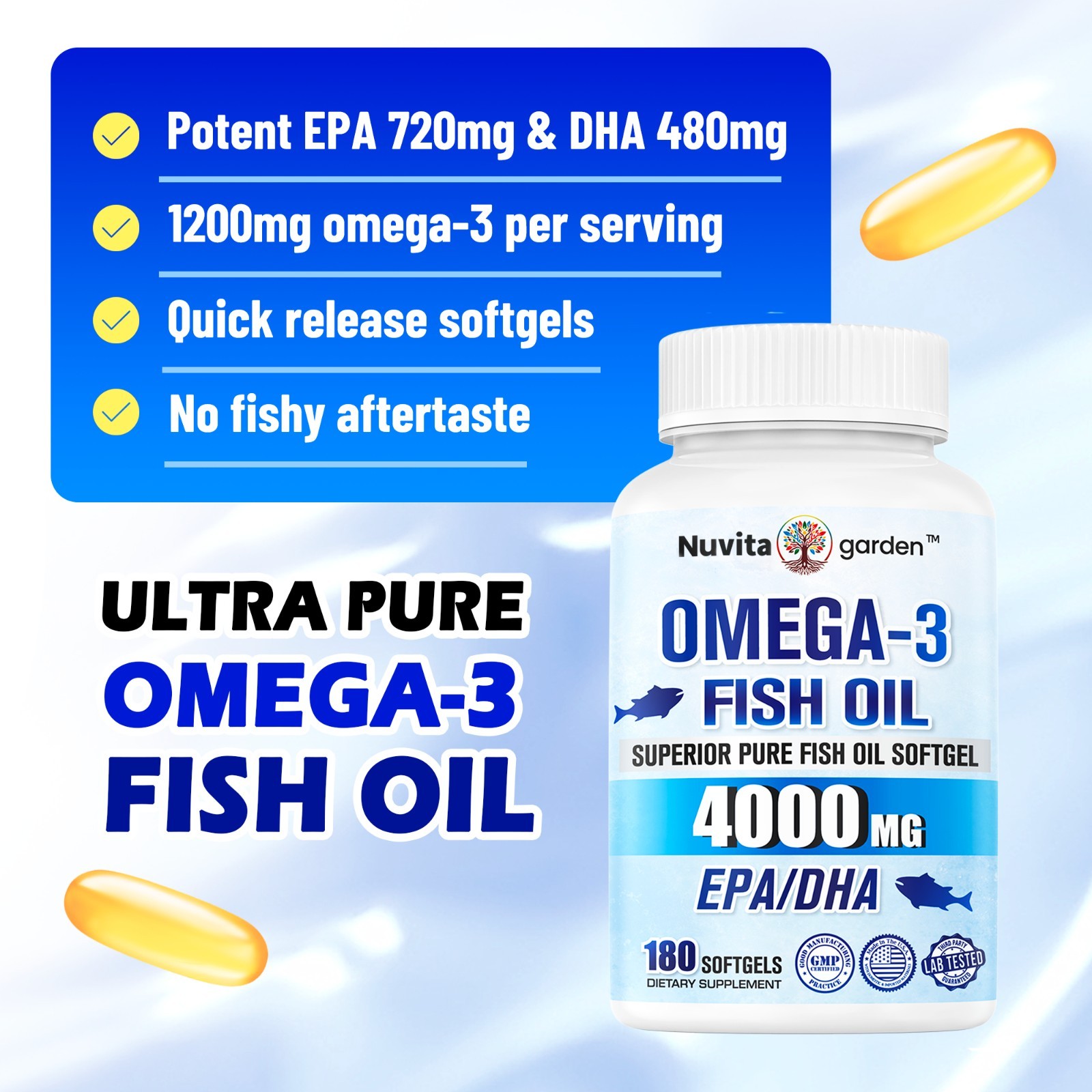 Omega-3 Fish Oil 4000mg – High Strength Supplement – EPA & DHA – 360 Softgels