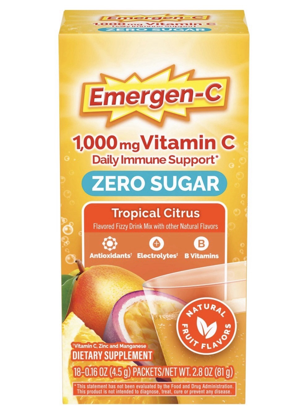 2 PACK | Emergen-C Zero Sugar Tropical Citrus Immune Support | 36 Packets Total