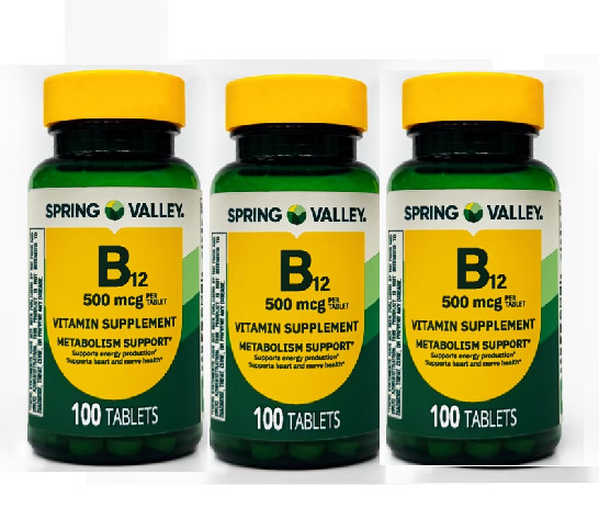 Spring Valley Vitamin B12 Tablets, 500 mcg, 100 Count (3-Pack)