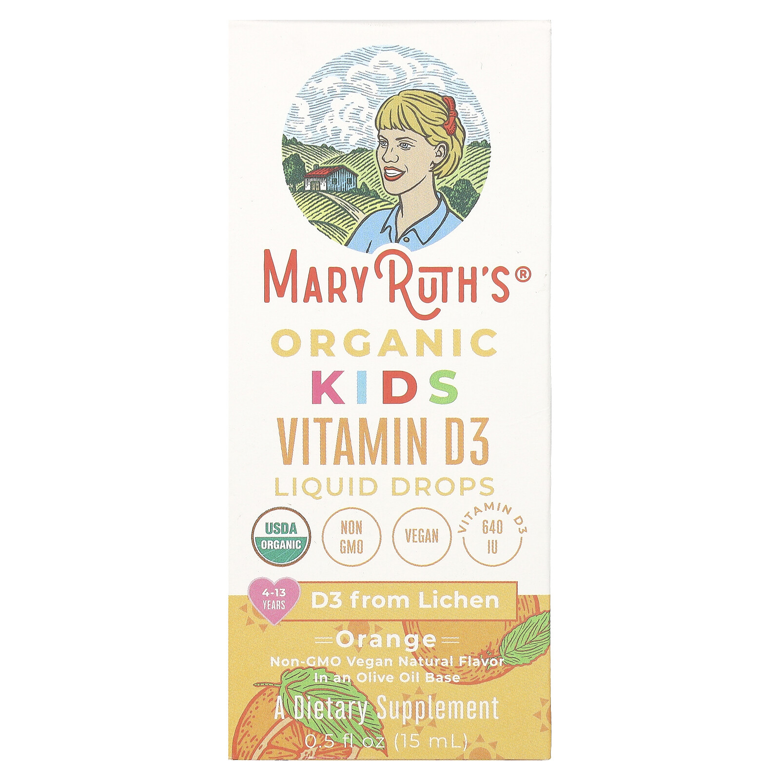 Organic Kids Vitamin D3 Liquid Drops, 4-13 Years, Orange, 640 U, 0.5 fl oz (15