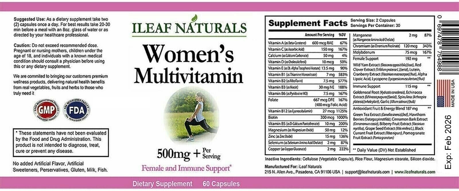 iLeafNaturals Women’s Multivitamin, Minerals, Antioxidants, Herbs 500 MG