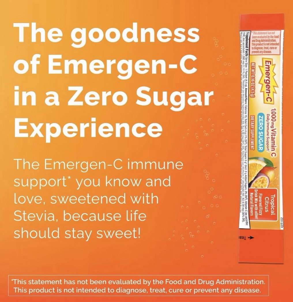 2 PACK | Emergen-C Zero Sugar Tropical Citrus Immune Support | 36 Packets Total