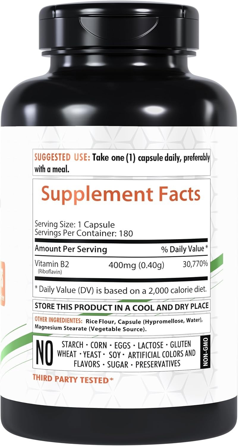 Vitamin B2 400mg | 180 Capsules | Riboflavin | Gluten Free & Non-GMO HealthFare