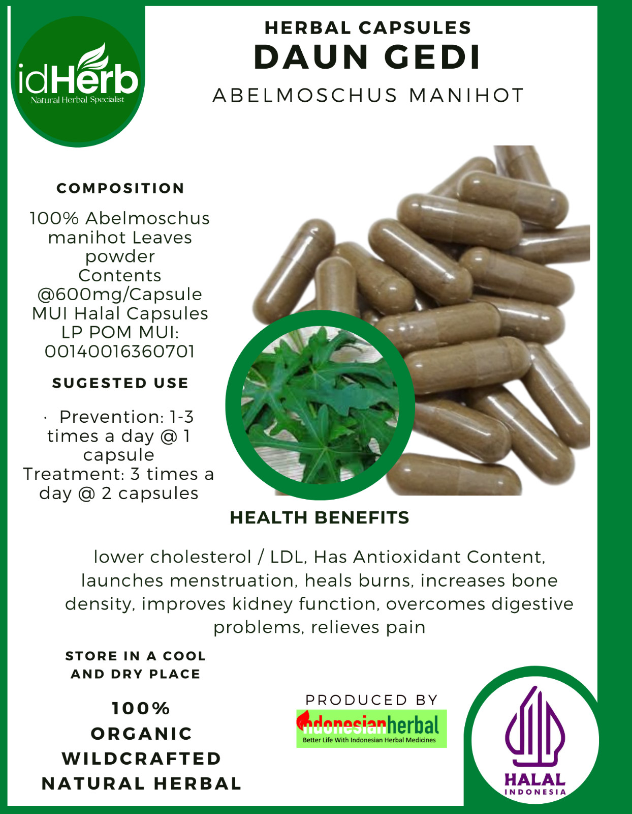 [idHerb] 100-800 Capsules Aibika Sunset Muskmallow Abelmoschus Manihot Organic