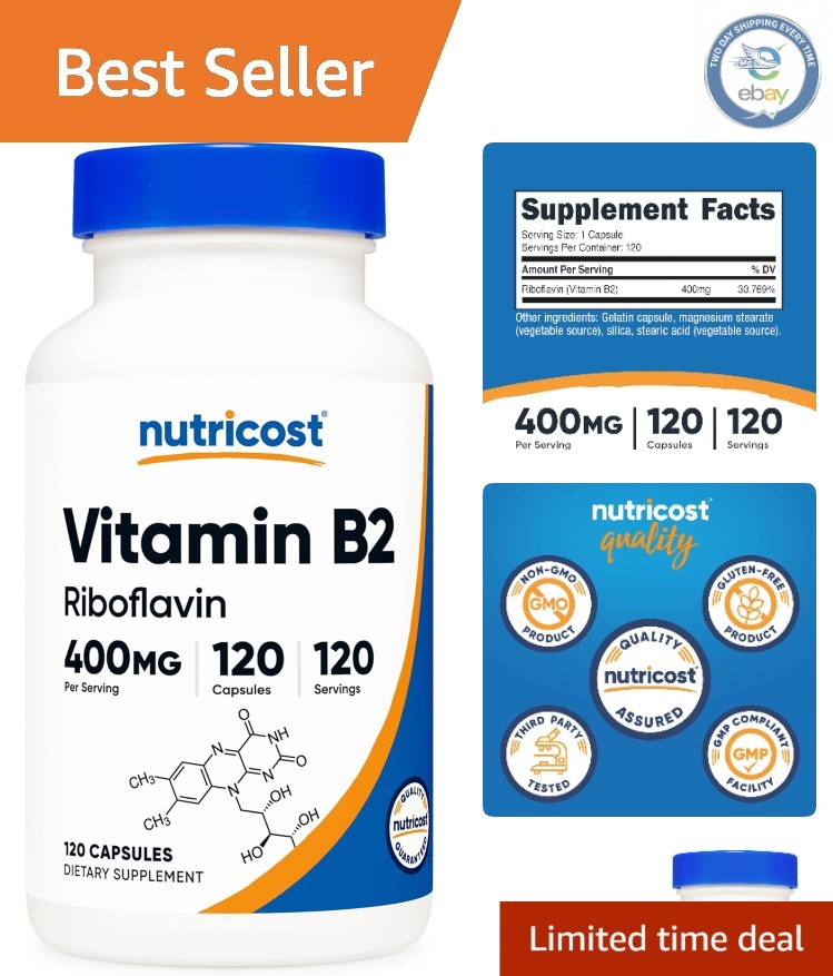 Vitamin B2 400mg 120 Capsules – Supports Energy & Healthy Skin, Non-GMO