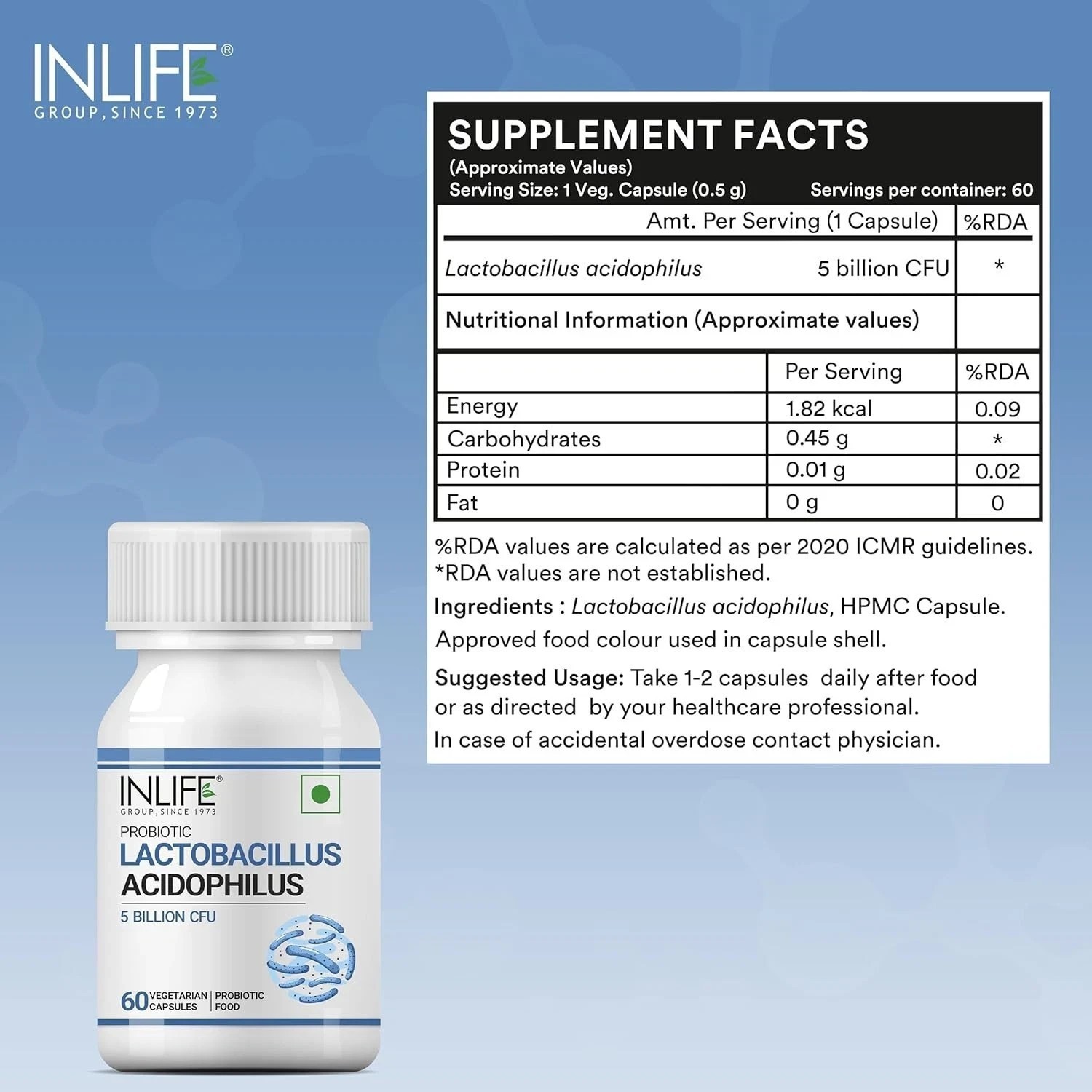 INLIFE Probiotic Lactobacillus Acidophilus 5 billion CFU – 60 Veg Capsules W616