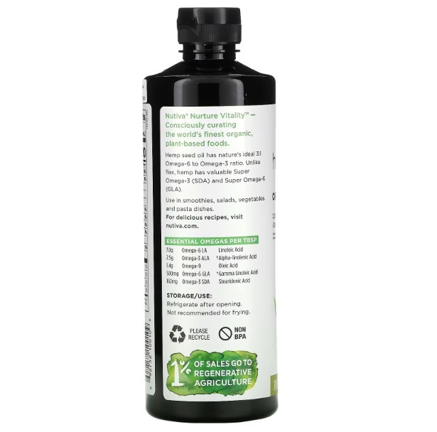 Nutiva Organic Hemp Oil Cold Pressed 24 fl oz 710 ml BPA-Free, Dairy-Free,