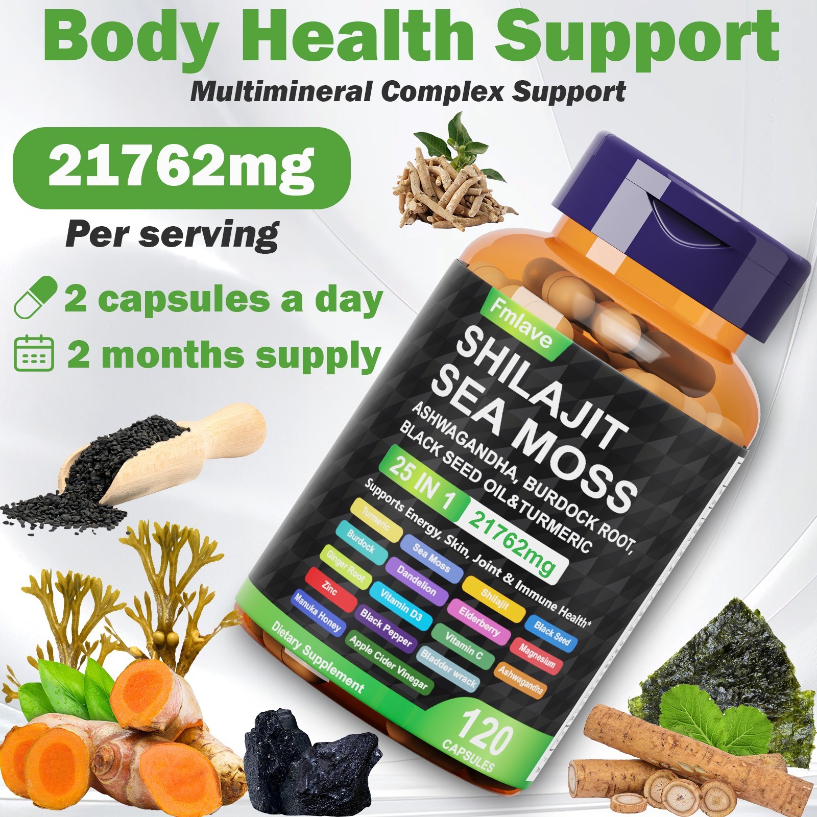 120 Pills Organic Irish Sea Moss 21762MG with Burdock Root Bladderwrack Shilajit