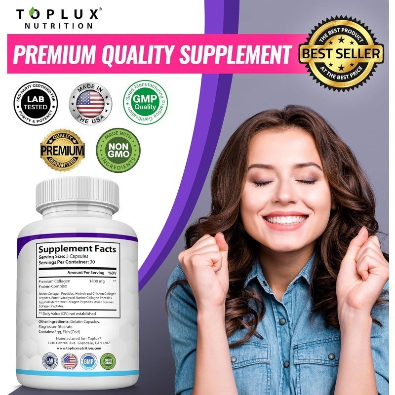 Toplux Multi Collagen Peptides Pills 1800 Mg Complex Superior Collagen Complex*/
