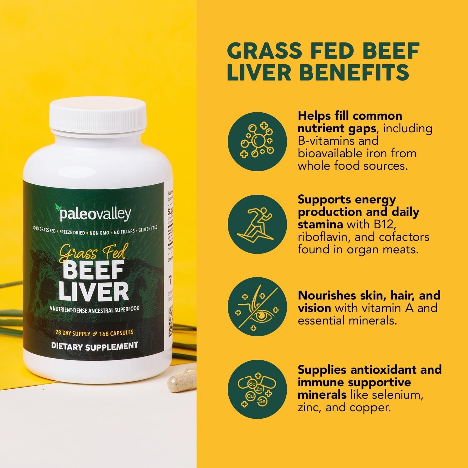 Grass Fed Bovine Liver Capsules Beef Organ Immune Skin & Hair Support Supplement