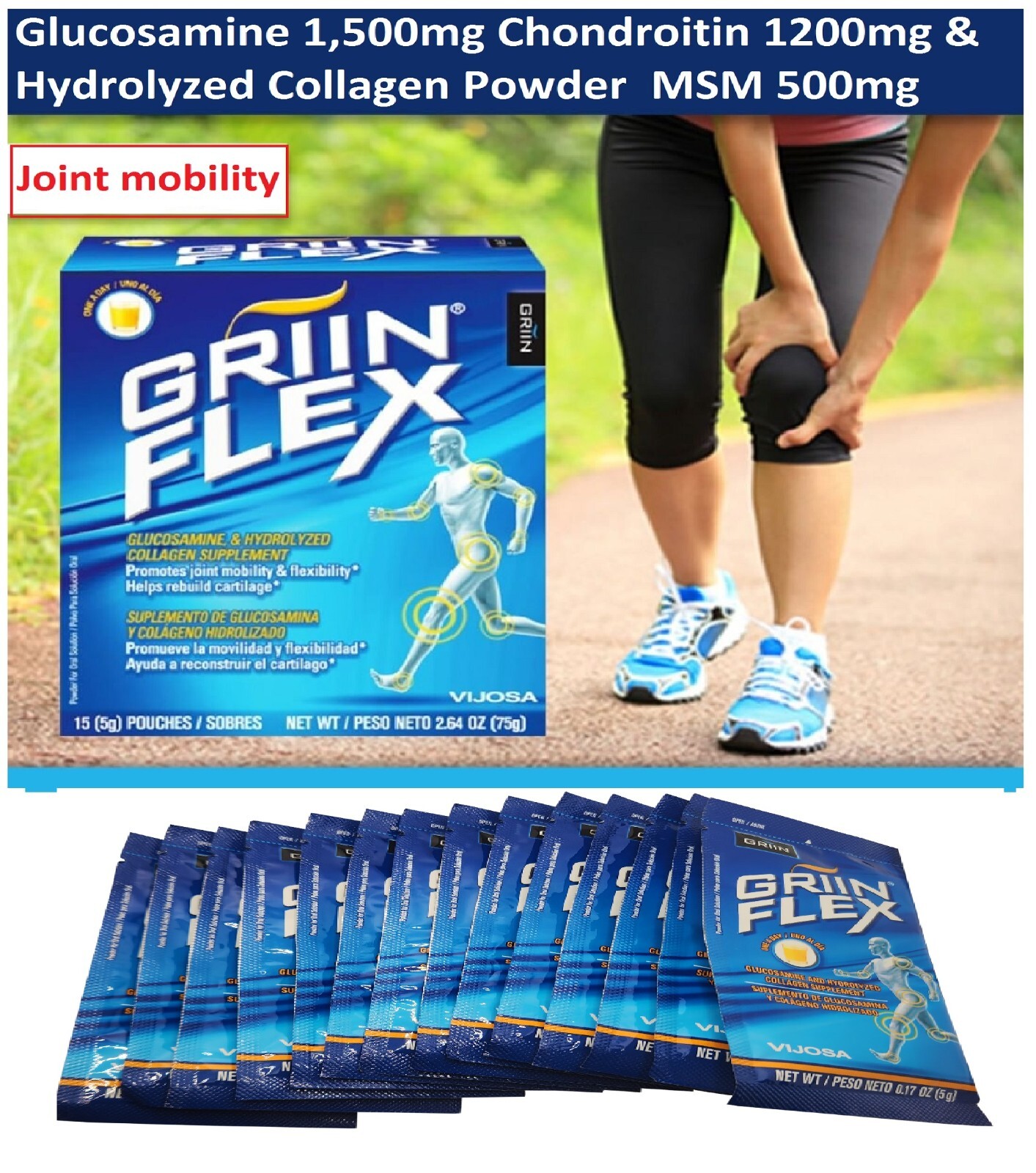 Unflavored no sugar CHONDROITIN GLUCOSAMINE, MSM Joint Health powder 15pouches