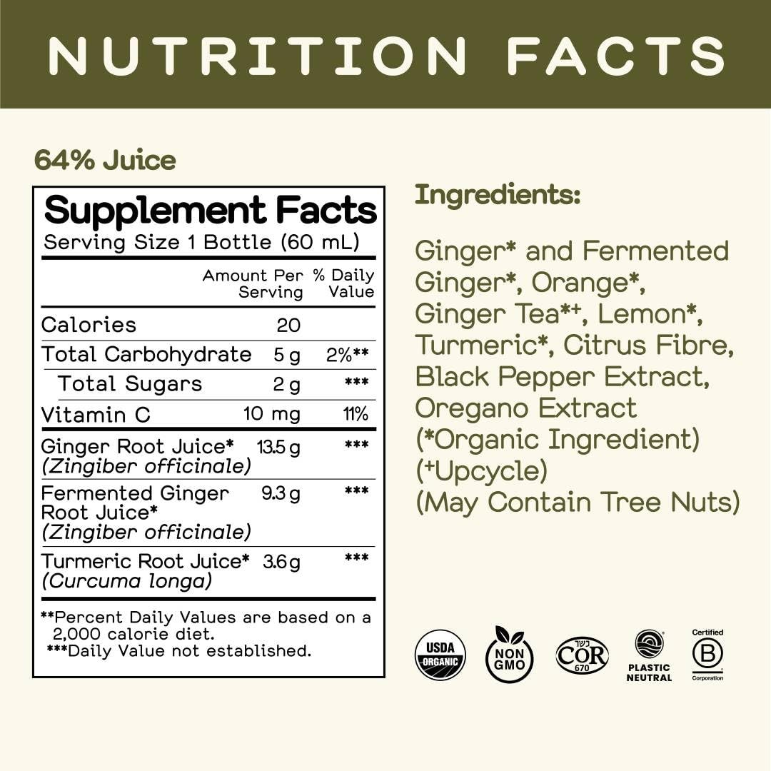Juice Organic Fiery Ginger Wellness Shots 12-Count 60ml Glass Bottles, Vegan