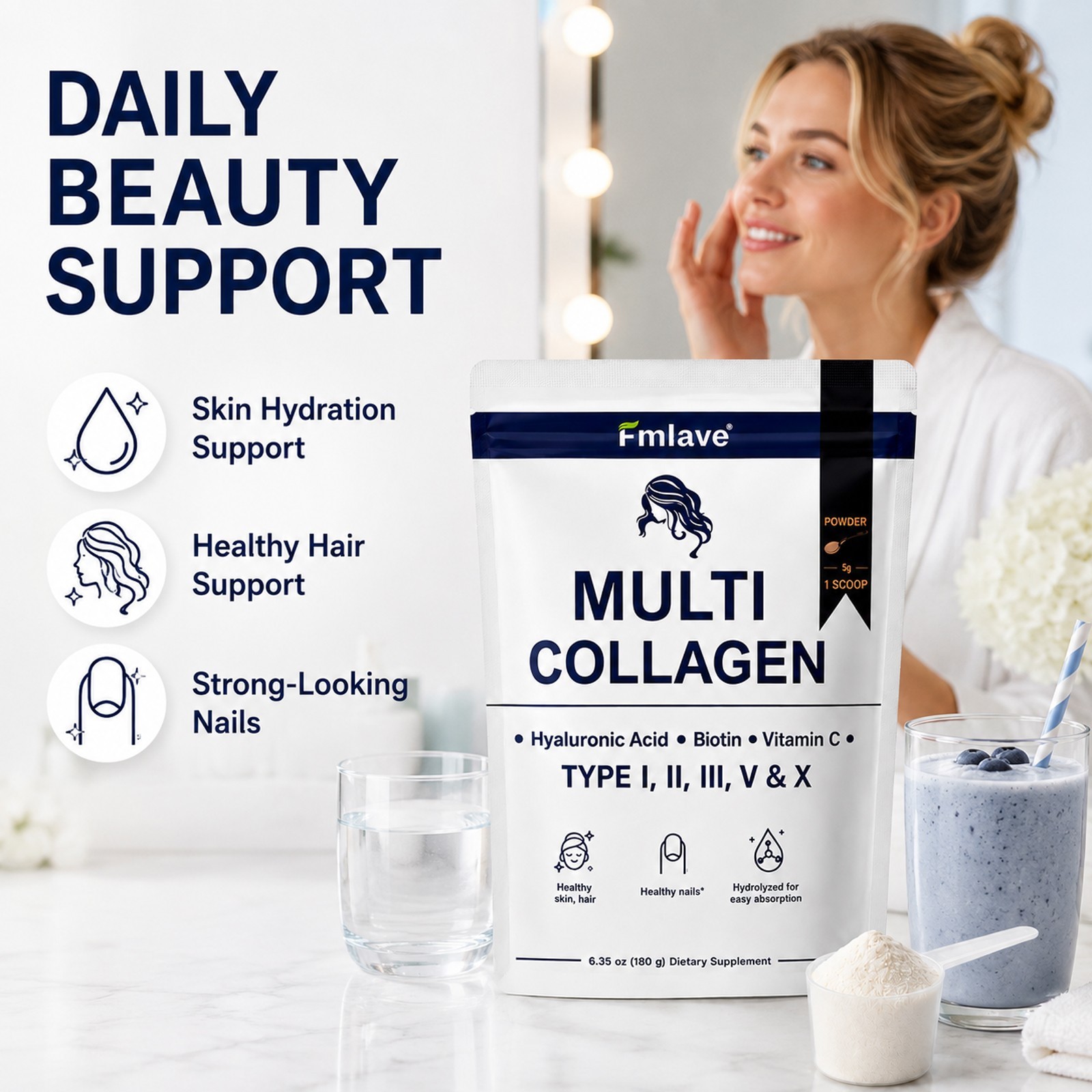 Multi Collagen Peptides Powder Type I II III V X VitaminC Biotin Hyaluronic Acid