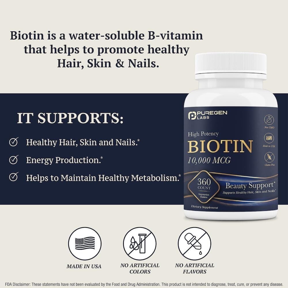 Puregen Labs Biotin 10,000 MCG Supports Healthy Hair, Skin & Nails 360 Veg Tabs