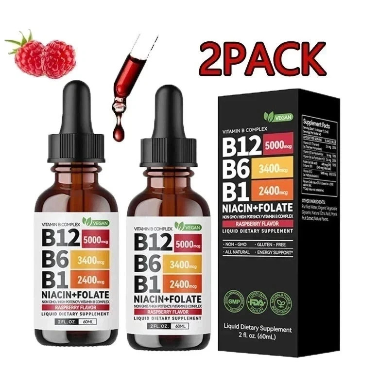 (2-PACK) Vitamin B12 Liquid Supplement Drops with B6, B1, Niacin & Folate