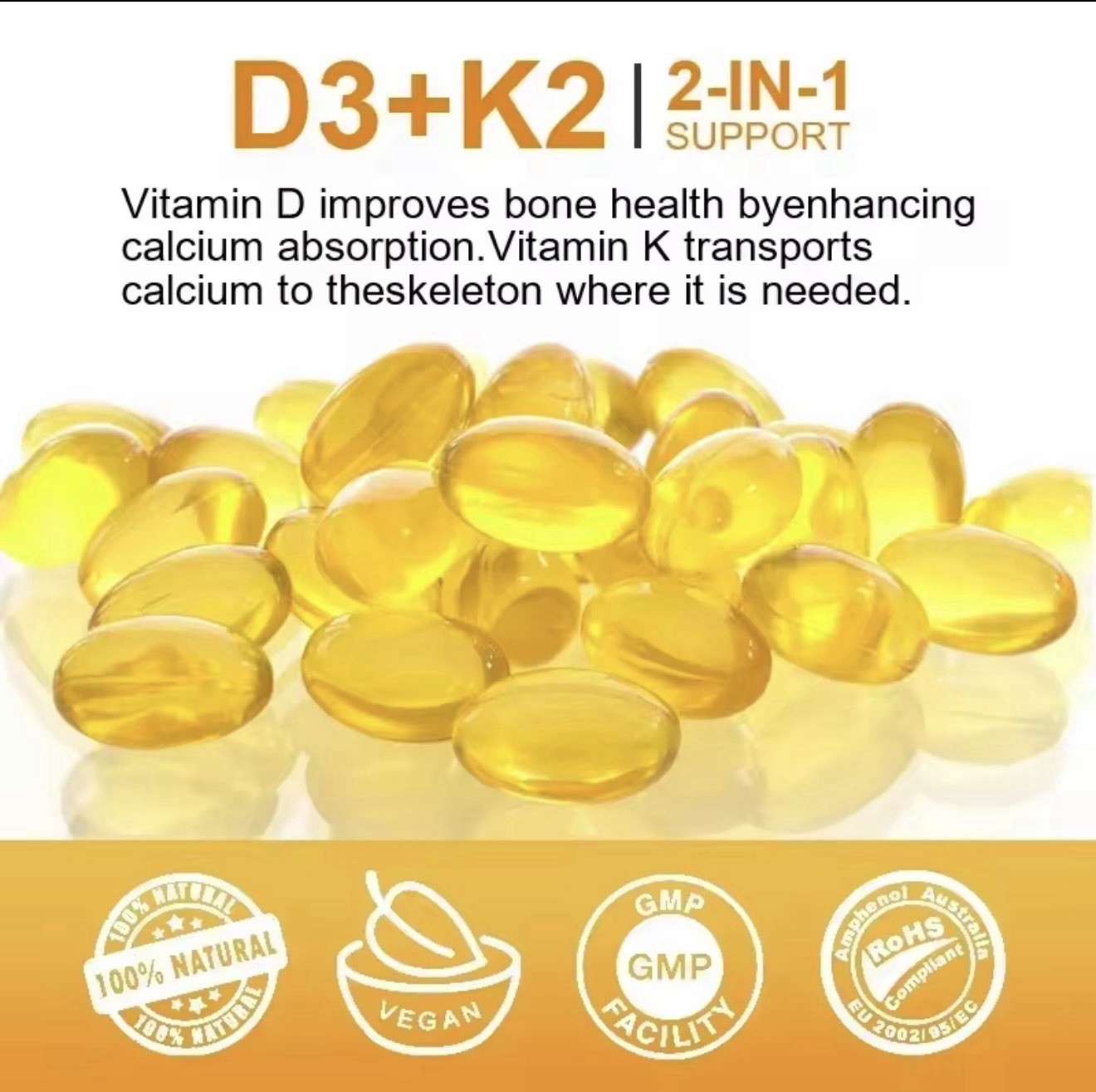 Vitamin D3 5000IU and 200 Mcg Vitamin K2 (MK-7) Capsules for Calcium Absorption
