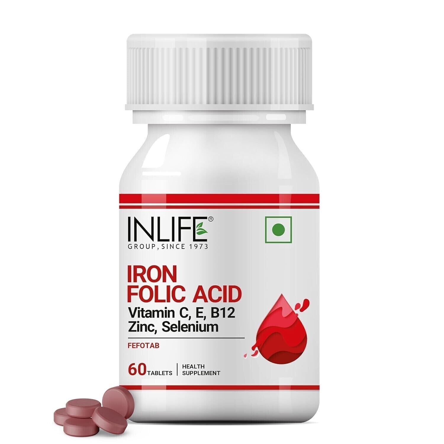 INLIFE Iron with Folic Acid, Zinc, Vitamin C, E & B12 (60 Tablets)