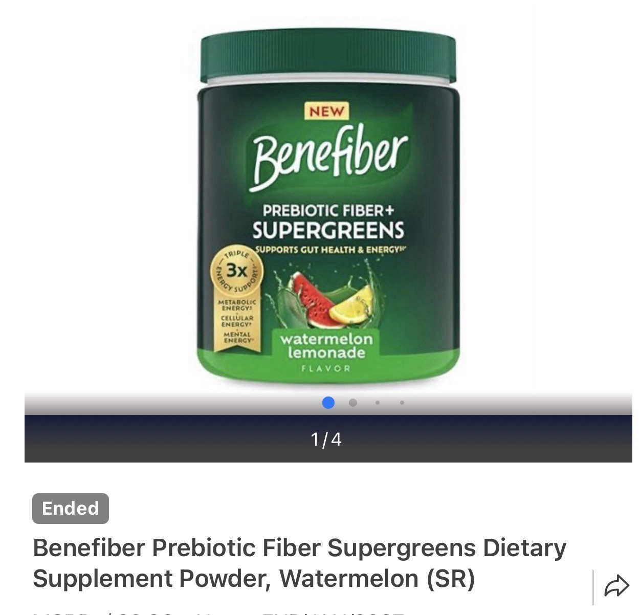 Benefiber Prebiotic Fiber Supergreens Watermelon Lemonade 8.8oz Exp 02/27