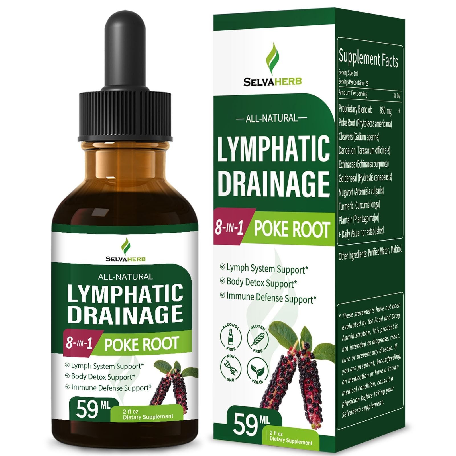 Poke Root Herb Lymphatic Drainage Drops for Lymph System Support, 8-in-1 Opti…