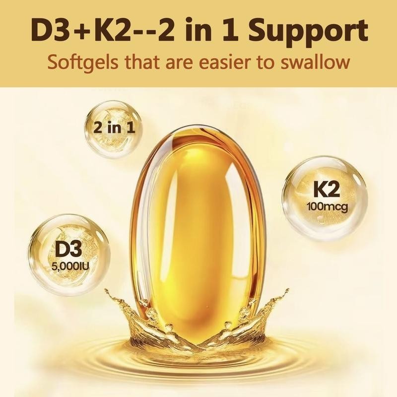 Vitamin D3 5000 IU with K2 MK7 250 Veggie Softgels Bone Immune Support NEW