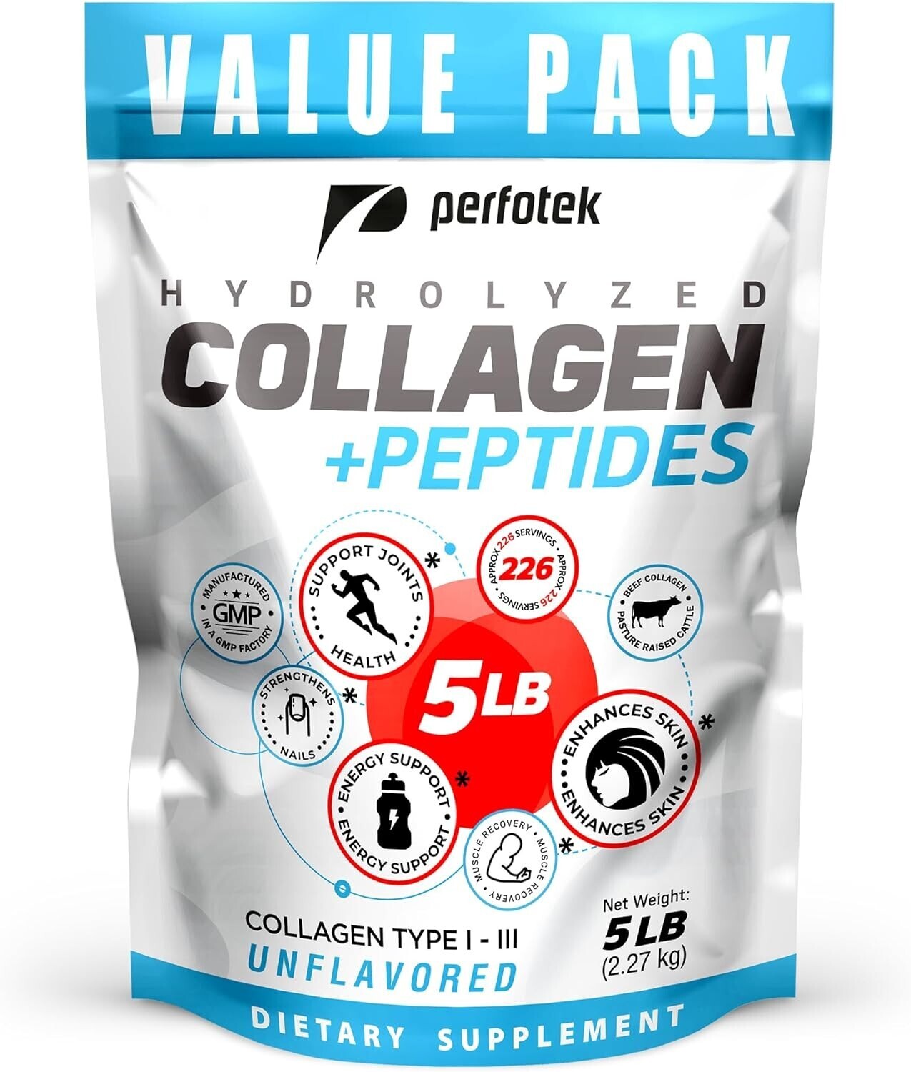 Perfotek Collagen Powder for Women Men (5Lb) Types I-III Unflavored Easy to Mix