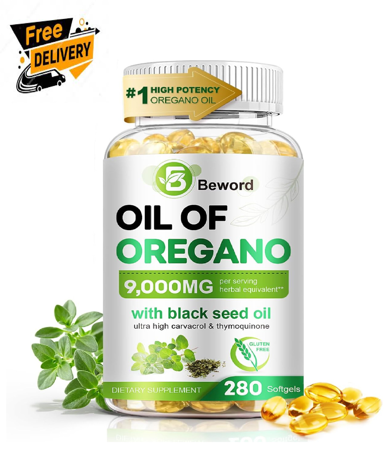 BEWORD Oil of Oregano with Black Seed Oil, 280 Softgels, 2-in-1 Oregano Suppleme