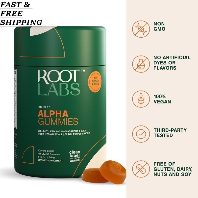 2 BOTTLES- Root Labs 10-1 Alpha Gummies |4K mg Pure Shilajit &KSM-66 |60 Gummies