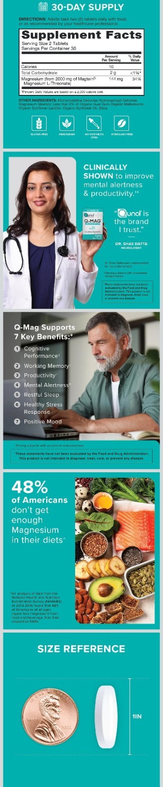 Qunol Q-Mag Magtein Magnesium L-Threonate Tablets 60 Gluten-Free Non-GMO