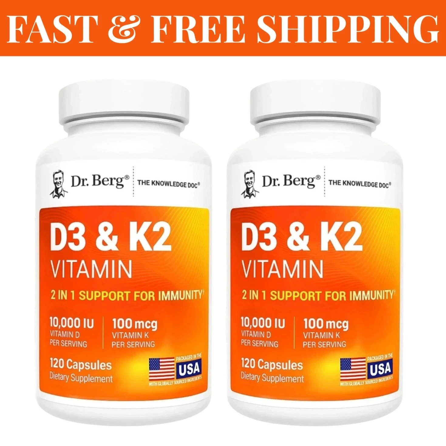 2 PACK-Dr. Berg’s D3 & K2 Vitamin, 10,000 IU, 100 mcg per serving, 120 Capsules
