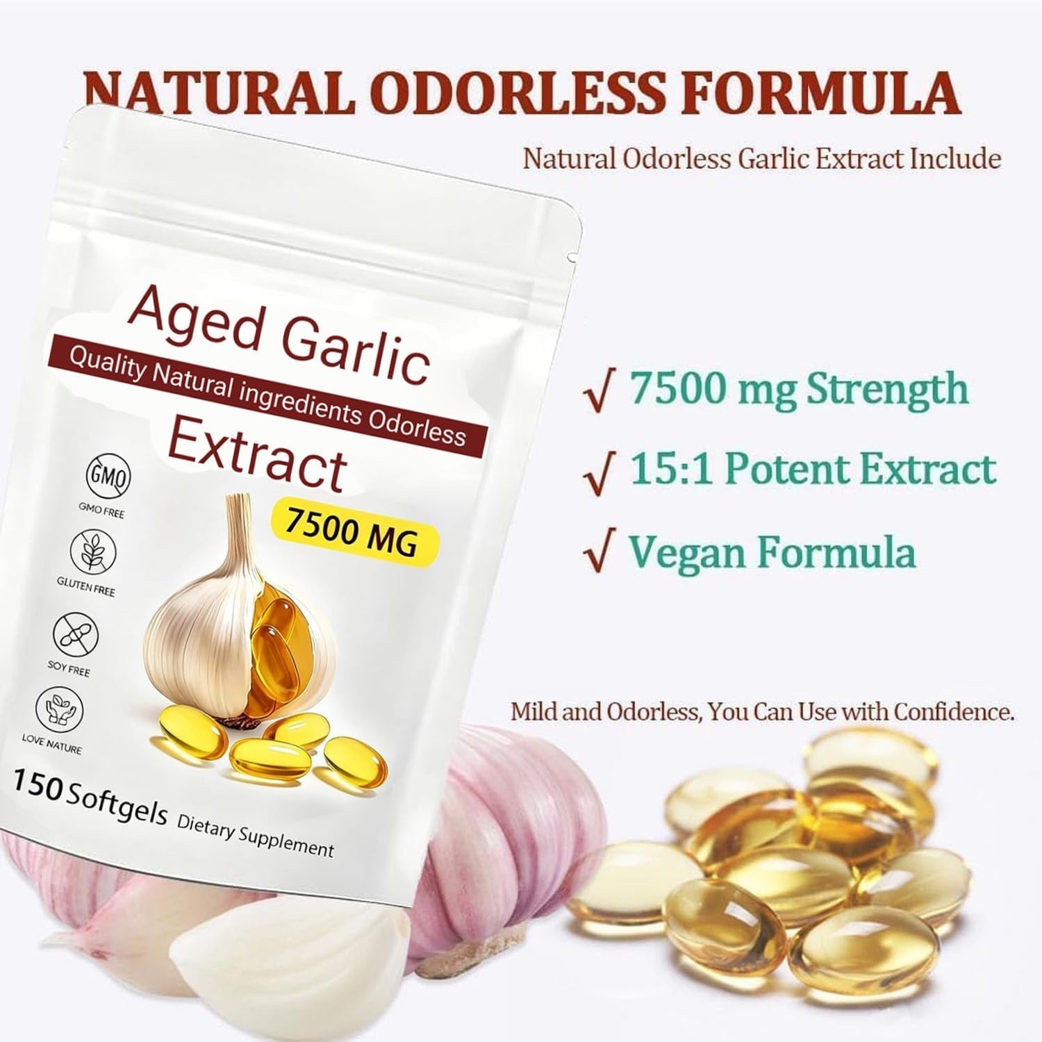 Odorless Garlic 7500mg Per Servings, 150 Softgels | 2 Years Aged Garlic Extra…