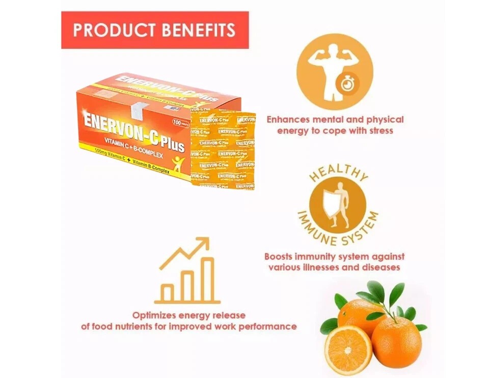 ENERVON-C Vit C 500mg + Vit B-Complex Increase Energy Immunity (100’s) x 4
