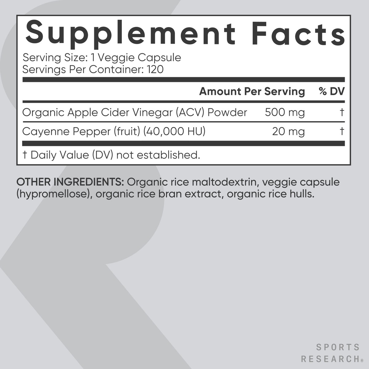 Apple Cider Vinegar 520mg 120 Capsules Organic Cayenne Pepper Non-GMO