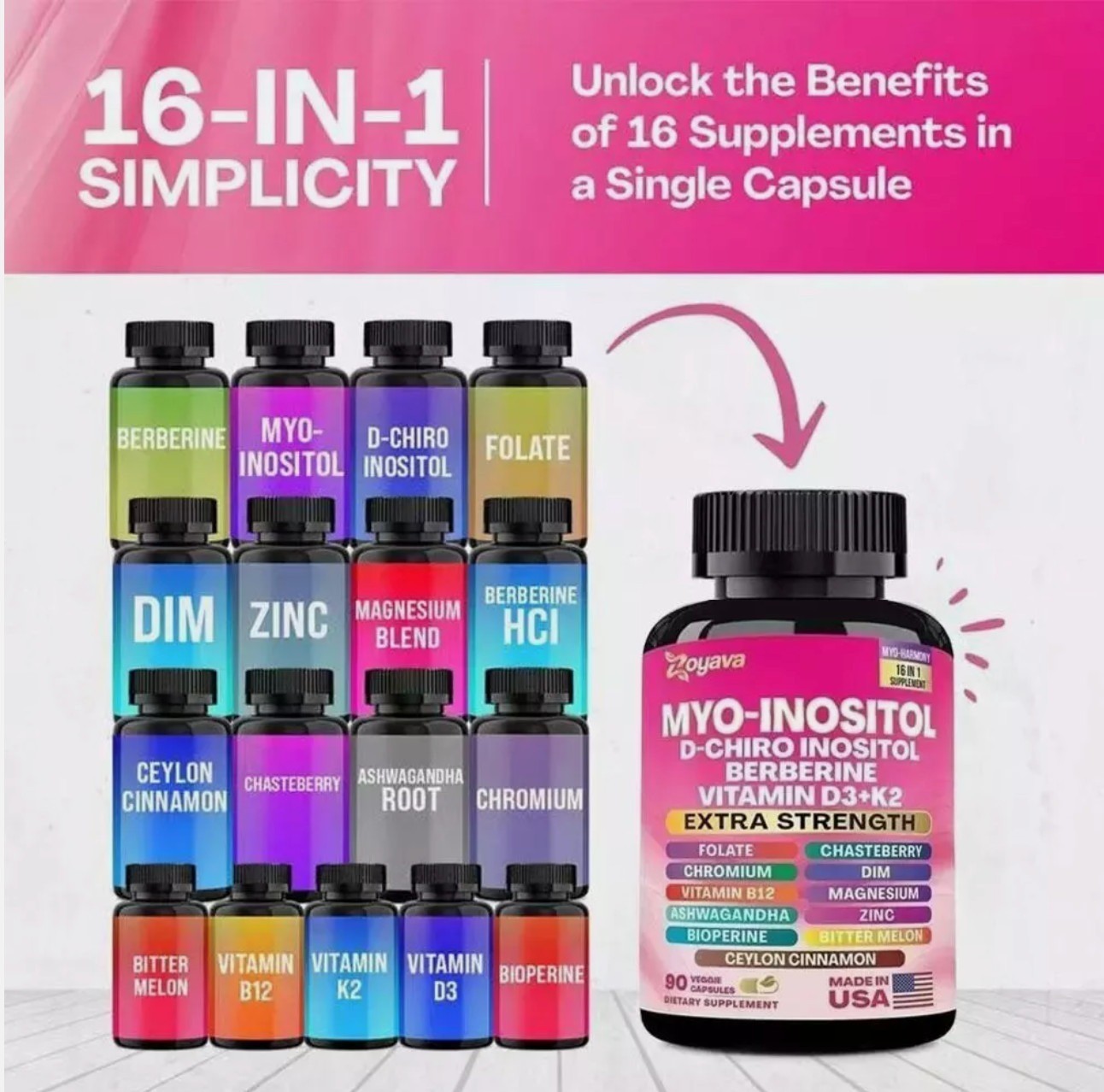 Zoyava Myo-Inositol D-Chiro Inositol Berberine D3+K2 – 90 Caps – Free Shipping