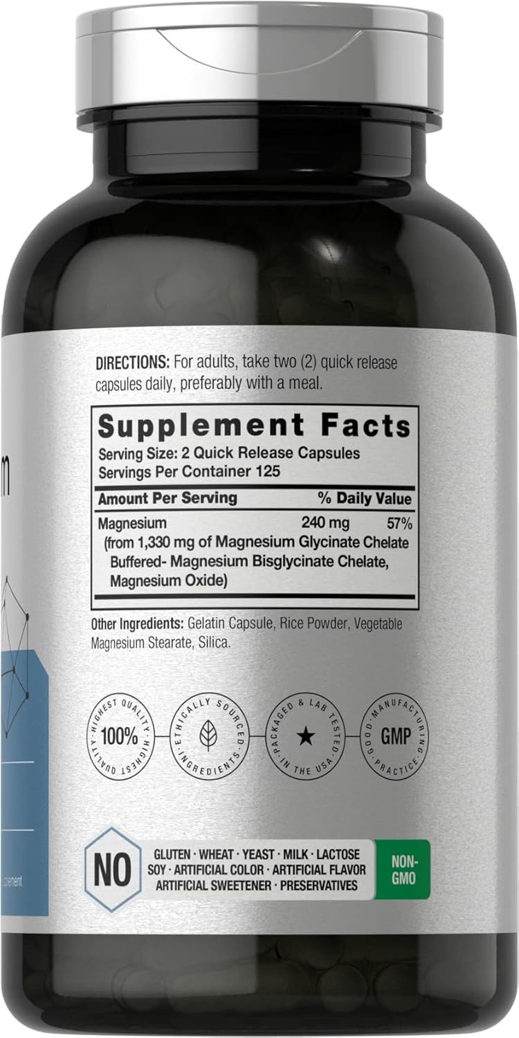Magnesium Glycinate | 1330mg | 250 Capsules | Buffered & Chelated | by Horbaach